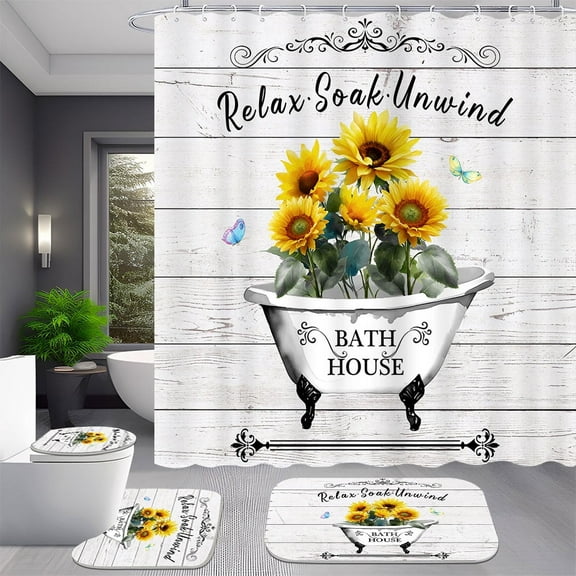 4 Pcs Vintage Wood Sunflower Tub Shower Curtain Set Relax Soak Unwind Farmhouse Bathroom Decor 