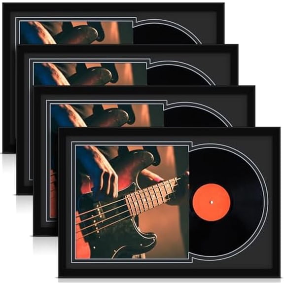4 Pcs Vinyl Record Display Frame 16x22 Inches Double Groove Record Album Frame and 12.512.5 Inch Album Cover Art for Wall Mounting Home Decor (Black Matting)$$Home Decor, Kitchen, & Other