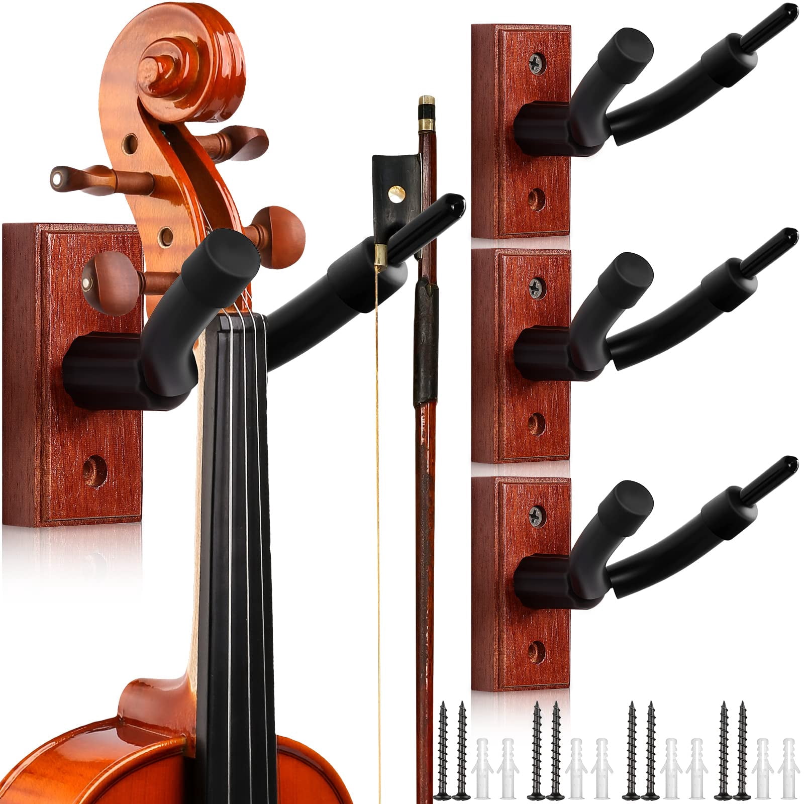 4 Pcs Violin Wall Mount Hanger Viola Metal Wooden Guitar Stand Bow Holder Music Room Decor Screws Home Studio String Instrument Accessories Art Practice