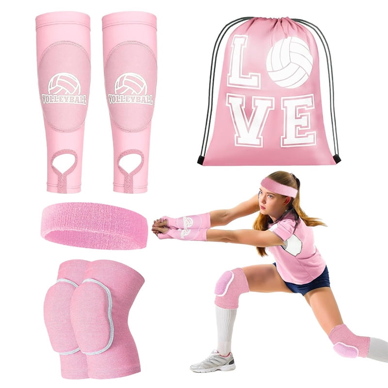 4 Pcs Volleyball Knee Pads and Arm Sleeve Set, Forearm Elbow Sleeves with Wrist Guard Protection Pad and Thumb Hole for Women Men Adult