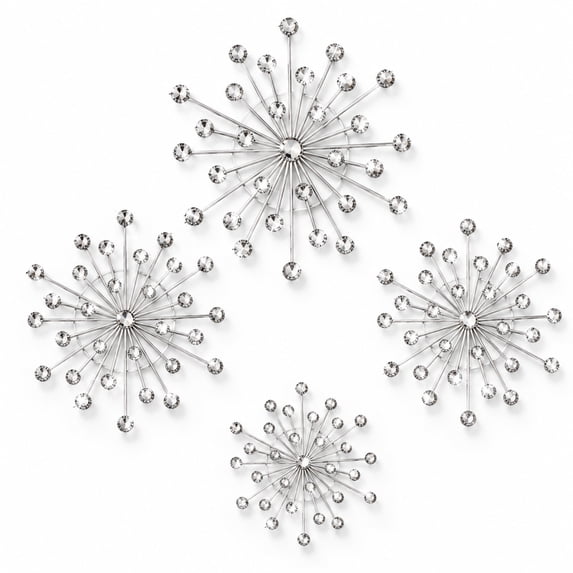 4 Pcs Wall Decor Hanging 3d Wall Art, Bling Crystal Cast Star Sun Rhinestone Decor, Silver Stainless Steel Wall Decor Living Room for Bedroom Office, Kitchen