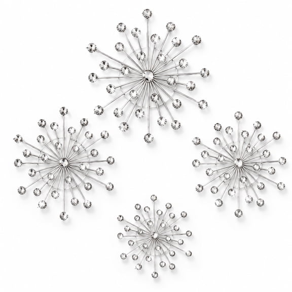 4 Pcs Wall Decor Hanging 3d Wall Art, Bling Crystal Cast Star Sun Rhinestone Decor, Silver Stainless Steel Wall Decor Living Room for Bedroom Office, Kitchen