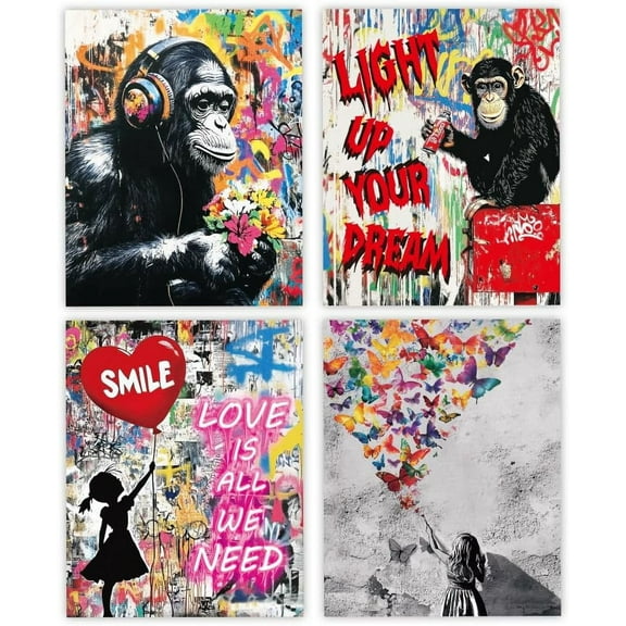 4 Pcs Wall Posters Street Graffiti Monkey Inspirational Quotes Animal Canvas Modern Abstract Pictures Poster for Living Room Bedroom Decorations 11x13.8 Inches Unframed Multi-color