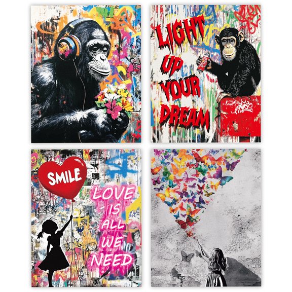 4 Pcs Wall Posters Street Graffiti Monkey Inspirational Quotes Animal Canvas Modern Abstract Pictures Poster for Living Room Bedroom Decorations
