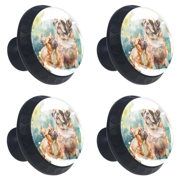 4 Pcs Watercolor Bulldogs Print Cabinet Knobs 30mm Round Crystal Glass Drawer Handles Pulls with Screws for Kitchen Cupboard Wardrobe Closet Dresser, Home&Office