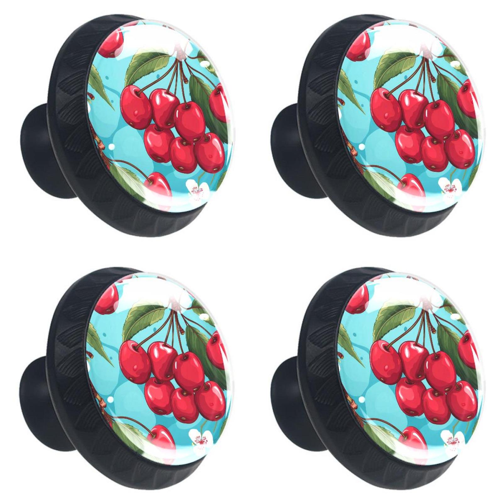 4 Pcs Watercolor Cherry Fruit Print Knobs 30mm Round Crystal