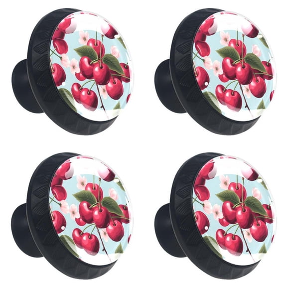 4 Pcs Watercolor Cherry Fruit Print Cabinet Knobs 30mm Round Crystal Glass Drawer Handles Pulls with Screws for Kitchen Cupboard Wardrobe Closet Dresser, Home&Office