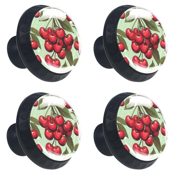 4 Pcs Watercolor Cherry Fruit Print Cabinet Knobs 30mm Round Crystal Glass Drawer Handles Pulls with Screws for Kitchen Cupboard Wardrobe Closet Dresser, Home&Office