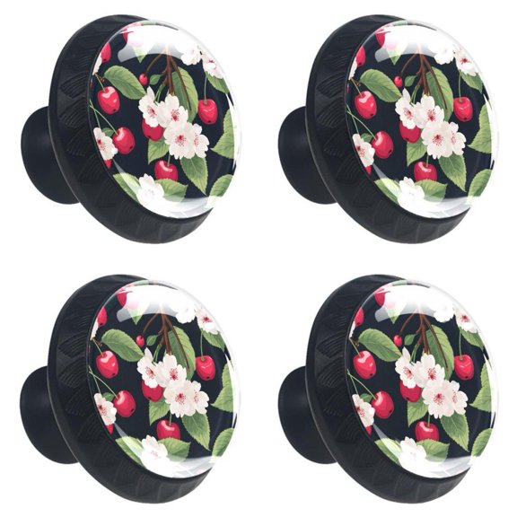 4 Pcs Watercolor Cherry Fruit Print Cabinet Knobs 30mm Round Crystal Glass Drawer Handles Pulls with Screws for Kitchen Cupboard Wardrobe Closet Dresser, Home&Office