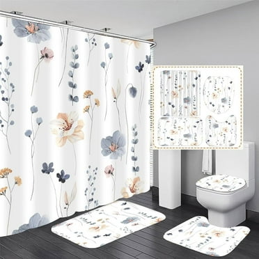 4 Pcs Watercolor Flower Shower Curtain Set Blue Beige Floral  Bathroom Sets with Shower Curtain and Rugs Modern Minimalist Floral Home Bathroom Decor Shower Curtains with Rugs and Toilet Lid Cover