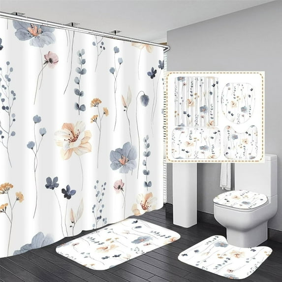 4 Pcs Watercolor Flower Shower Curtain Set Blue Beige Floral Bathroom Sets with Shower Curtain and Rugs Modern Minimalist Floral Home Bathroom Decor Shower Curtains with Rugs and Toilet Lid Cover