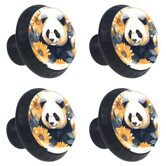 4 Pcs Watercolor Panda Sunflowers Print Cabinet Knobs 30mm Round Crystal Glass Drawer Handles Pulls with Screws for Kitchen Cupboard Wardrobe Closet Dresser, Home&Office