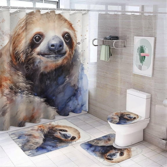 4 Pcs Watercolor Sloth Shower Curtain Sets,Nature Cute Animal Blue Ink Background Bathroom Set Shower Curtain Set with Rugs and Accessories,Bathroom Decor with Bath Mats Toilet Lid Cover