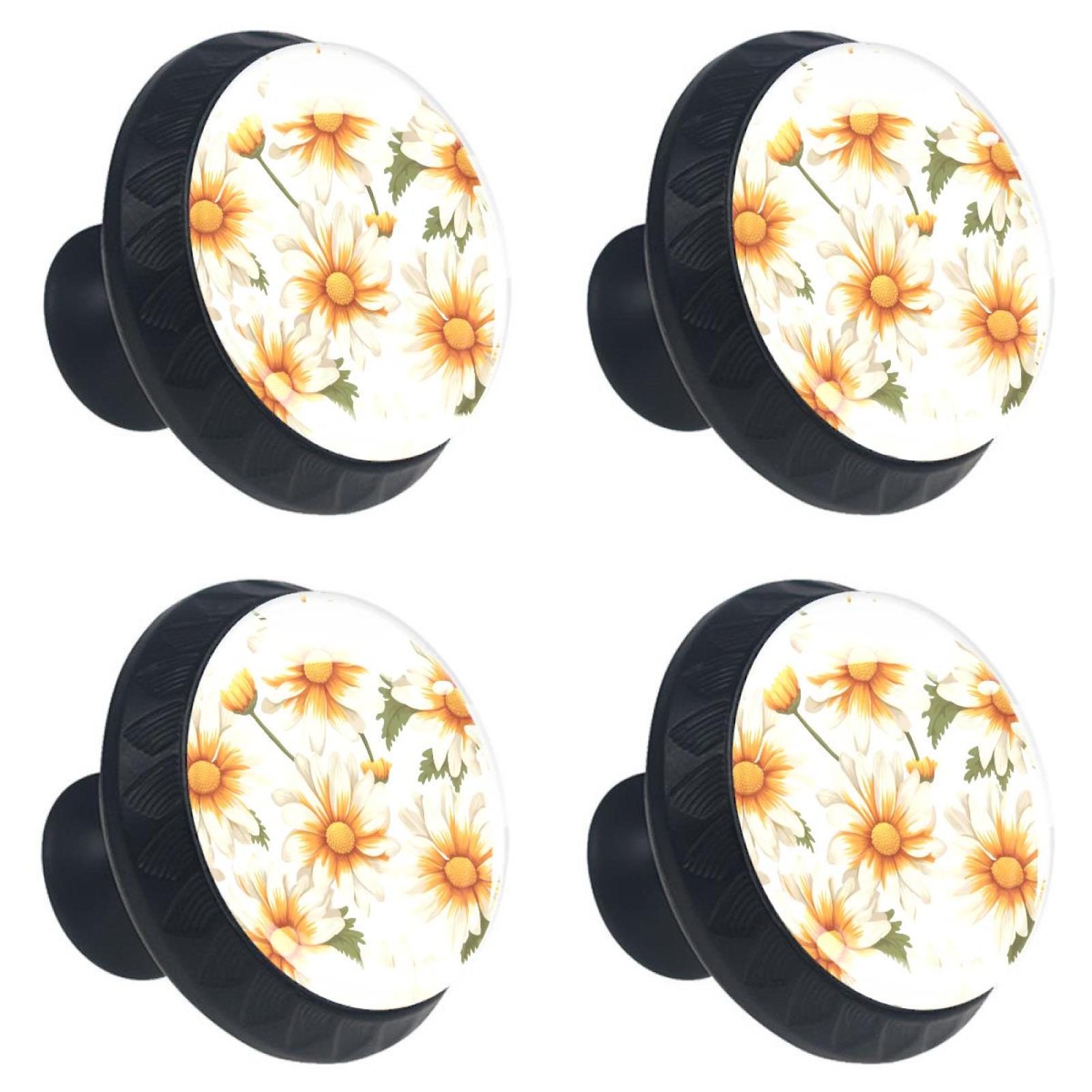 4 Pcs Watercolor White Daisy Flower Print Knobs 30mm Round