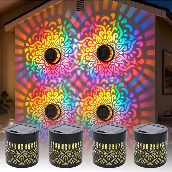 4 Pcs Waterproof Solar Mandala Lights Outdoor, 7 Color Changing Mandala Solar Fence Lights, Metal Solar Projector Wall Lamp For Patio Yard Garden Decor