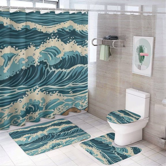 4 Pcs Wave Lighthouse Shower Curtain Set with Non-Slip Rugs Bathroom Set Bathroom Carpet Bath Mat And Toilet Rugs