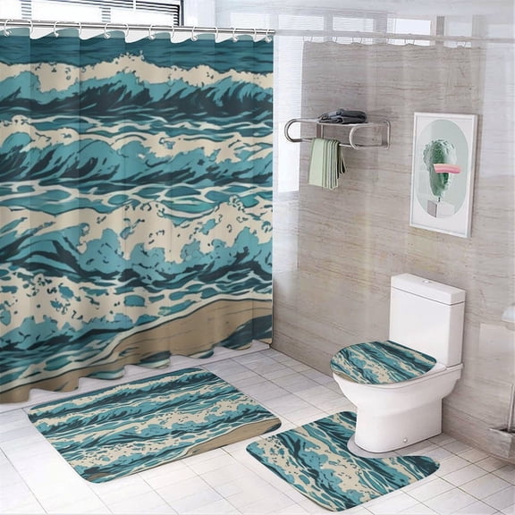 4 Pcs Wave Lighthouse Shower Curtain Set with Non-Slip Rugs Bathroom Set Bathroom Carpet Bath Mat And Toilet Rugs