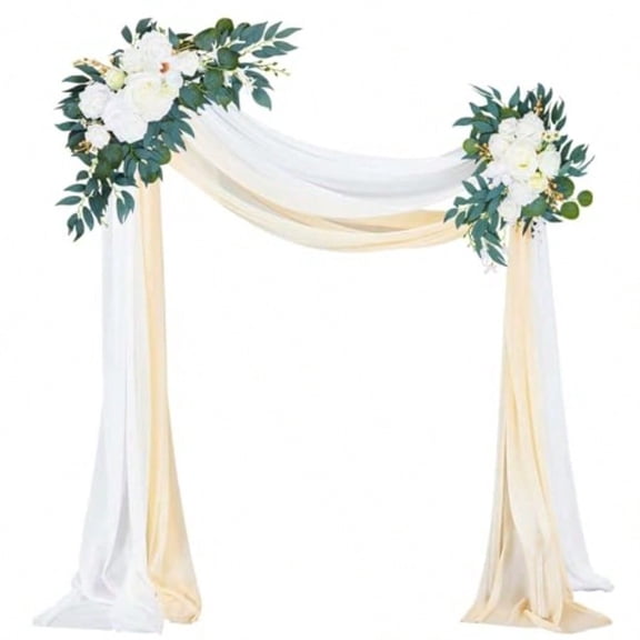 4 Pcs Wedding Arch Flowers And Drape Kit Include 2 Artificial Floral Swag And 2 White Chiffon Drapes Faux Flower Set For DIY Wedding Party Reception Ceremony Backdrop Rose Decoration