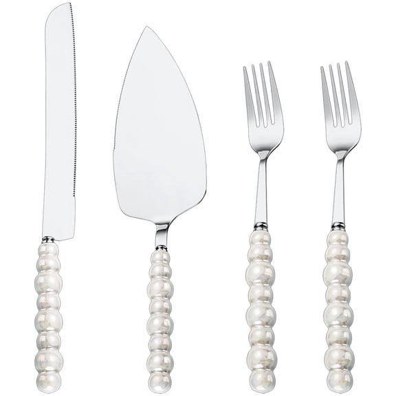 4 Pcs Wedding Cake Knife and Server Set - Stainless Steel with Pearl Handle, Serrated Knife & Forks for Anniversary & Bridal Shower