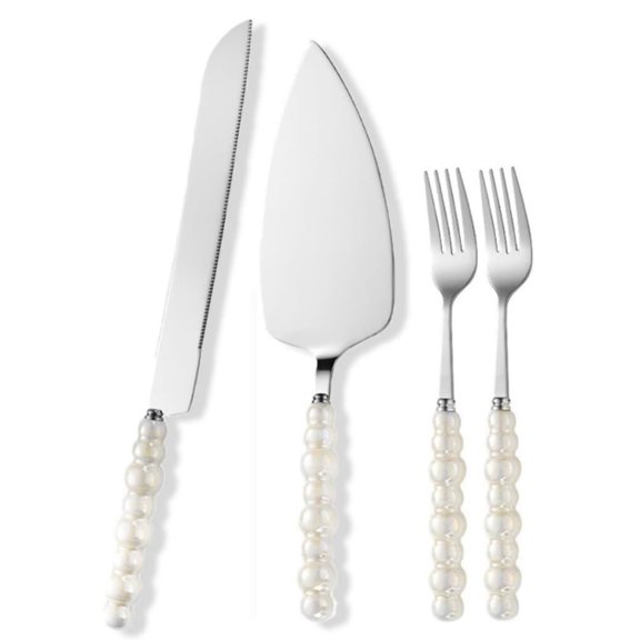 4 Pcs Wedding Cake Knife and Server Set, Dingrich Ceramic Pearl Handle Cake Cutting Set Stainless Steel Pie Cutter for Weddings, Engagements, Anniversaries, Engagement Gifts for Couples (Silver)
