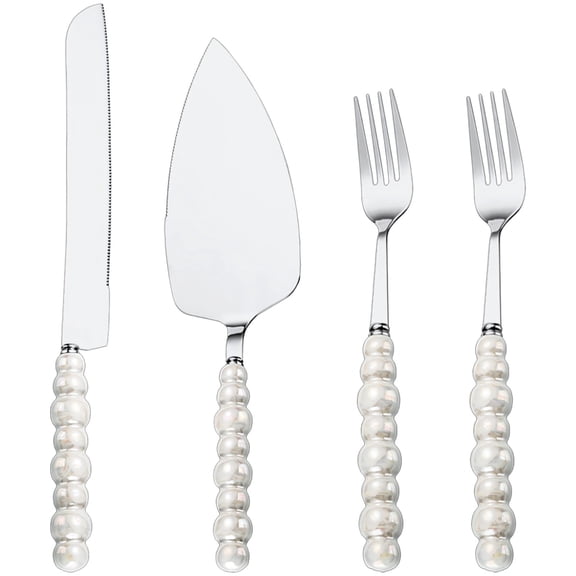 4 Pcs Wedding Cake Knife Set, Stainless Steel With Pearl White Handle, Forks And Server For Party, Anniversary, Bridal Shower, Event, Serrated Blade