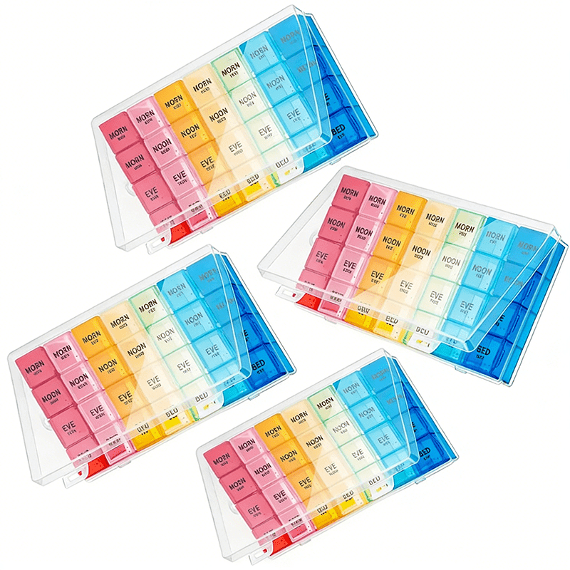 4 Pcs Weekly Pill Organizer 4 Times a Day, Large Capacity Rainbow Pill Boxes for Daily Use Adults, Moisture Proof Medicine Organizer with Compartments for Travel Home Storage