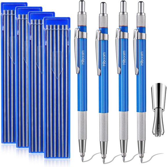4 Pcs Welders Pencil with 48 Pcs Silver Round Refills, Mechanical Pencils Metal Marker with Built-in Sharpener for Pipe Fitter Welder Steel Construction Fabrication Woodworking, Design Patent