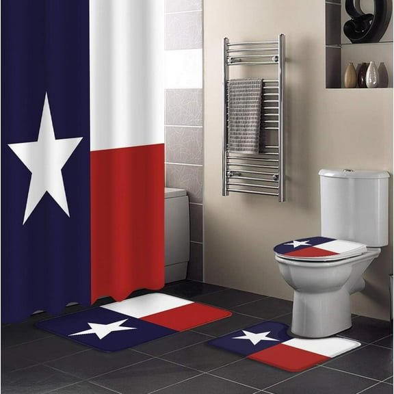 4 Pcs Western Decor Shower Curtain Set with Non-Slip Rug, Toilet Lid Cover, Bath Mat and 12 Hooks, Waterproof Shower Curtain Set for Bathroom - Texas State Lone Star State Flag