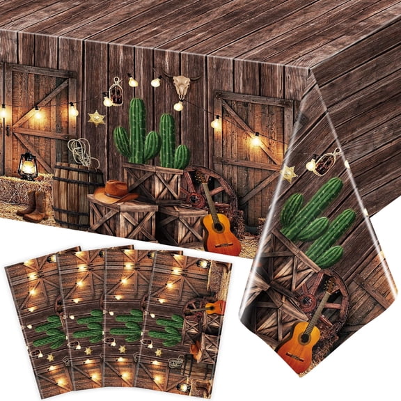 4 Pcs Western Party Tablecloth Wood Grain Tablecloths Cowboy Rodeo Table Cloth Cowgirl Rustic Plastic Table Covers Barn Western Decorations Cowboy Birthday Party Supplies Wild West Decor 86 x 51 Inch