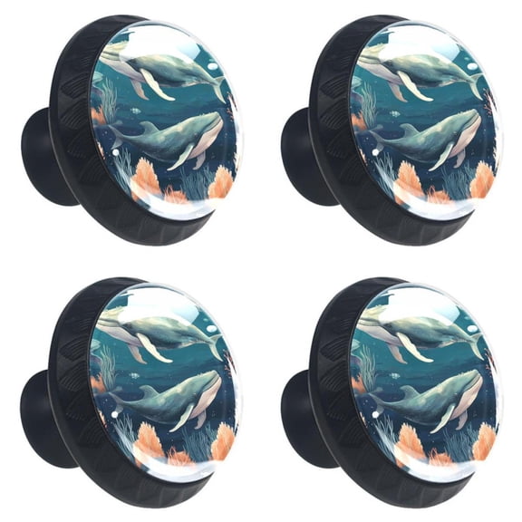 4 Pcs Whale Print Cabinet Knobs 30mm Round Crystal Glass Drawer Handles Pulls with Screws for Kitchen Cupboard Wardrobe Closet Dresser, Home&Office