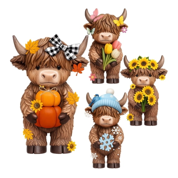 4 Pcs Whimsical Highland Cow Figurine Set, Lovely Farmhouse Four‑Season Cow Collection, Unique Highland Cow Gifts For Shelf And Mantel Display