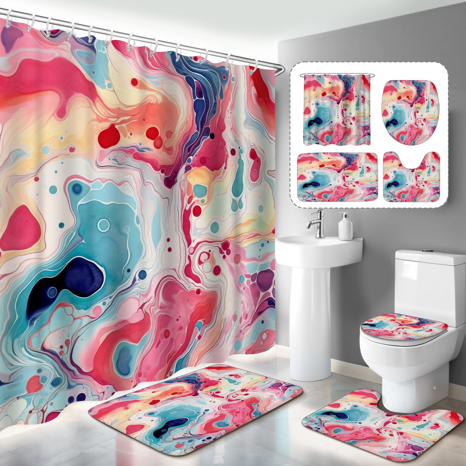 4 Pcs White Bathroom Sets with Shower Curtain and Rugs and Accessories