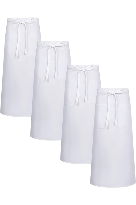 4 Pcs White Bistro Aprons 2 Pockets 32 Inch Waterproof White Chef Half Waist Bistro Apron with Long Waist Ties for Server Waiter Waitress Bartender