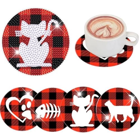 4 Pcs White Cat Diamond Painting Coasters Kit, DIY 5D Diamond Art Coasters for Adults, Plaid Background Cat Diamond Dot Coaster Kits, Creative Table Decor, Home Dining and Art Crafts