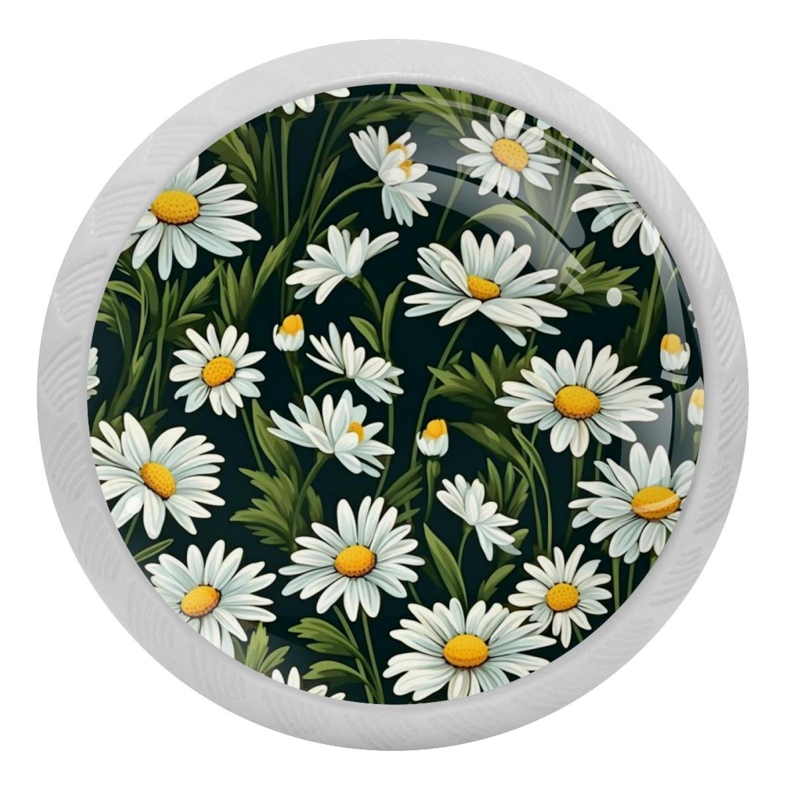 4 Pcs White Daisy Flowers Crystal Glass Drawer Knob Pull Handle