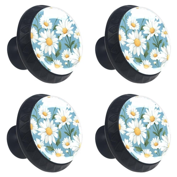 4 Pcs White Daisy Flowers Print Cabinet Knobs 30mm Round Crystal Glass Drawer Handles Pulls with Screws for Kitchen Cupboard Wardrobe Closet Dresser, Home&Office