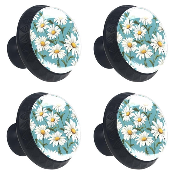 4 Pcs White Daisy Flowers Print Cabinet Knobs 30mm Round Crystal Glass Drawer Handles Pulls with Screws for Kitchen Cupboard Wardrobe Closet Dresser, Home&Office