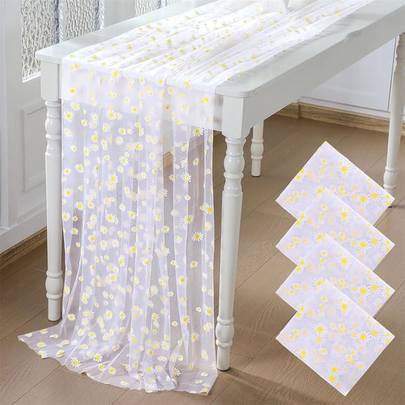 4 Pcs White Daisy Summer Tulle Table Runner Tutuviw Seasonal Flower Sheer Gauze Table Runner Tulle Lace Cloth DIY Craft Dining Birthday Party Wedding Christmas Holiday Decor(29 x70 inch)