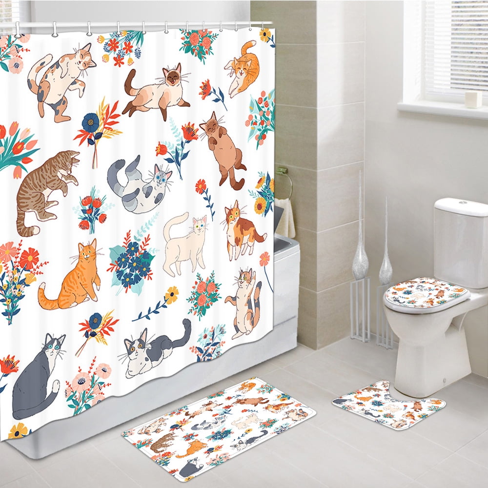 4 Pcs White Flower and Cat Bathroom Decor Set with Non-Slip Rugs Toilet ...