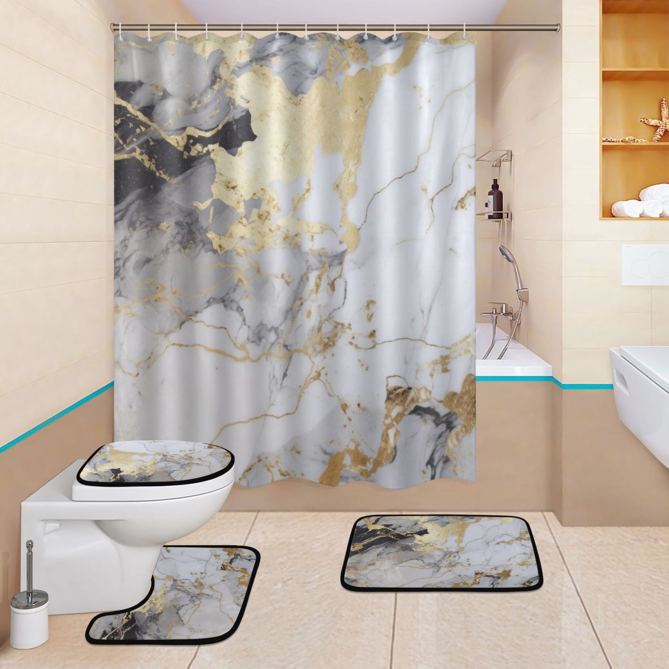 4 Pcs White and Black Golden Marble Bathroom Shower Curtain Set with 12 ...