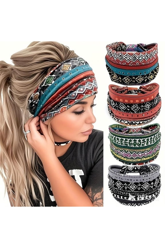 4 Pcs Wide Headbands for Women African Pattern Boho Knotted Headband Yoga Workout Head Wraps