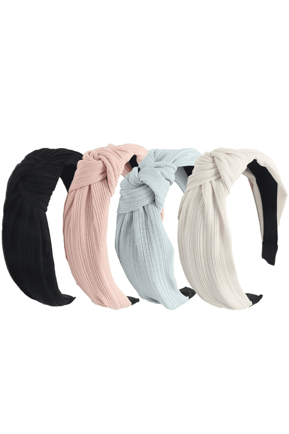 4 Pcs Wide Knotted Headbands for Women - Black,White, Pink, Blue Solid Head Bands for Top Knots, Washing Face, Gifts