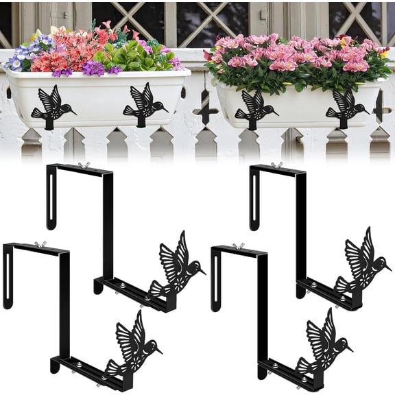 4 Pcs Window Box Brackets Adjustable Planter Box Brackets for Railing with Hummingbird Black Heavy Duty Iron No Drill Flower Pot Holders for Outdoor Fence Balcony Patio Garden