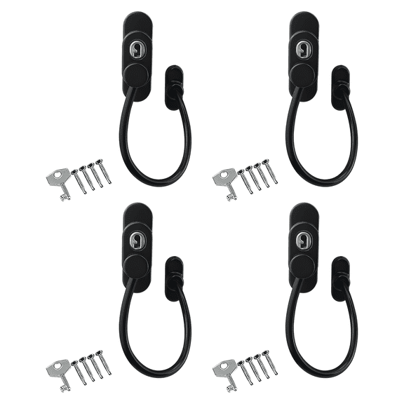 4 Pcs Window Restrictor Lock, 7.1 in / 180 mm Cable Limiter for Home Security, Sliding Door Safety Catch, Casement Window Latch, Black Metal Security Device with Keys