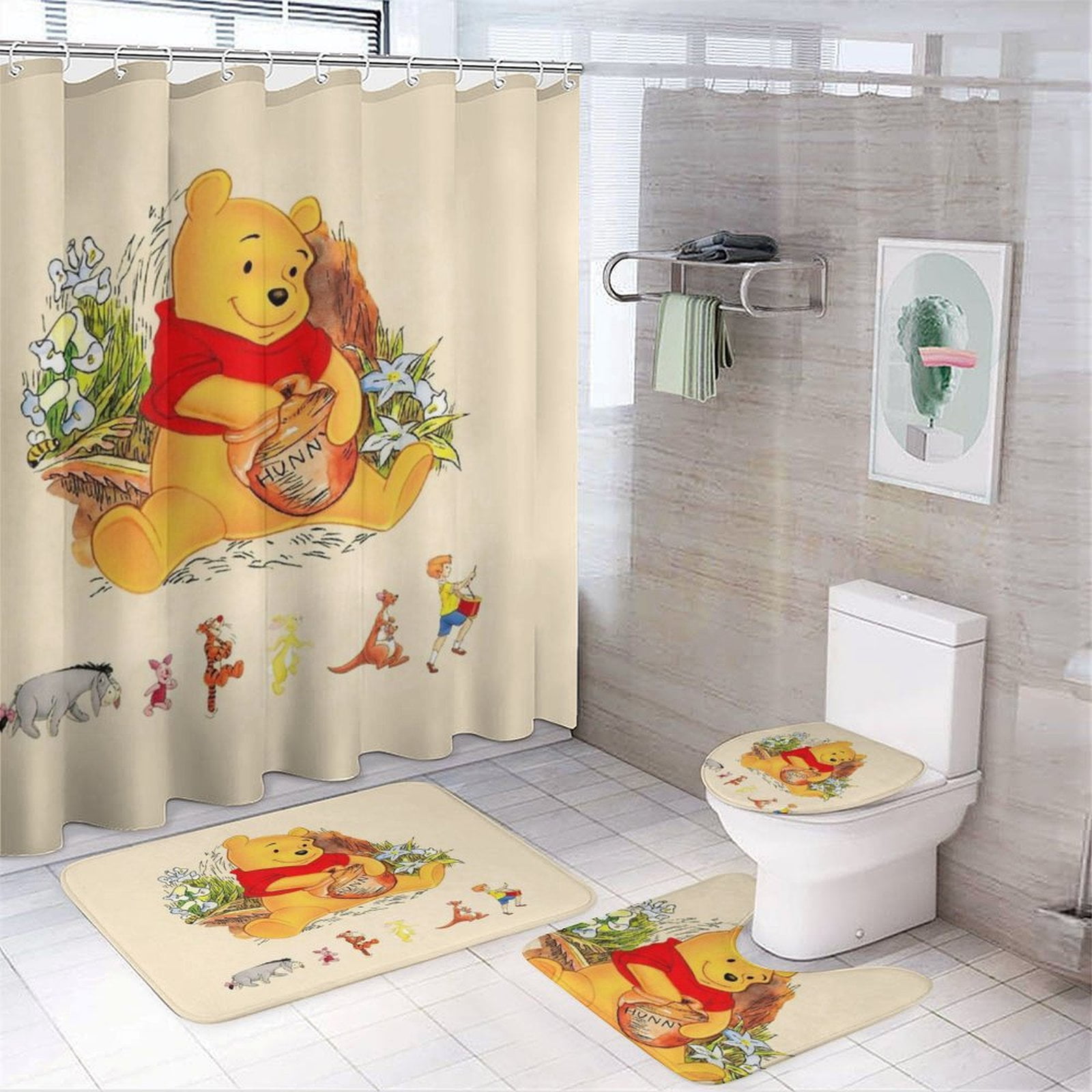 4 Pcs WinnieBear Bathroom Set with Shower Curtain with Non-Slip Rugs, Toilet Lid Cover And Non-Slip U Shape Bath Mat, Bathroom Decoration with 12 Hooks 72 X 72 Inches