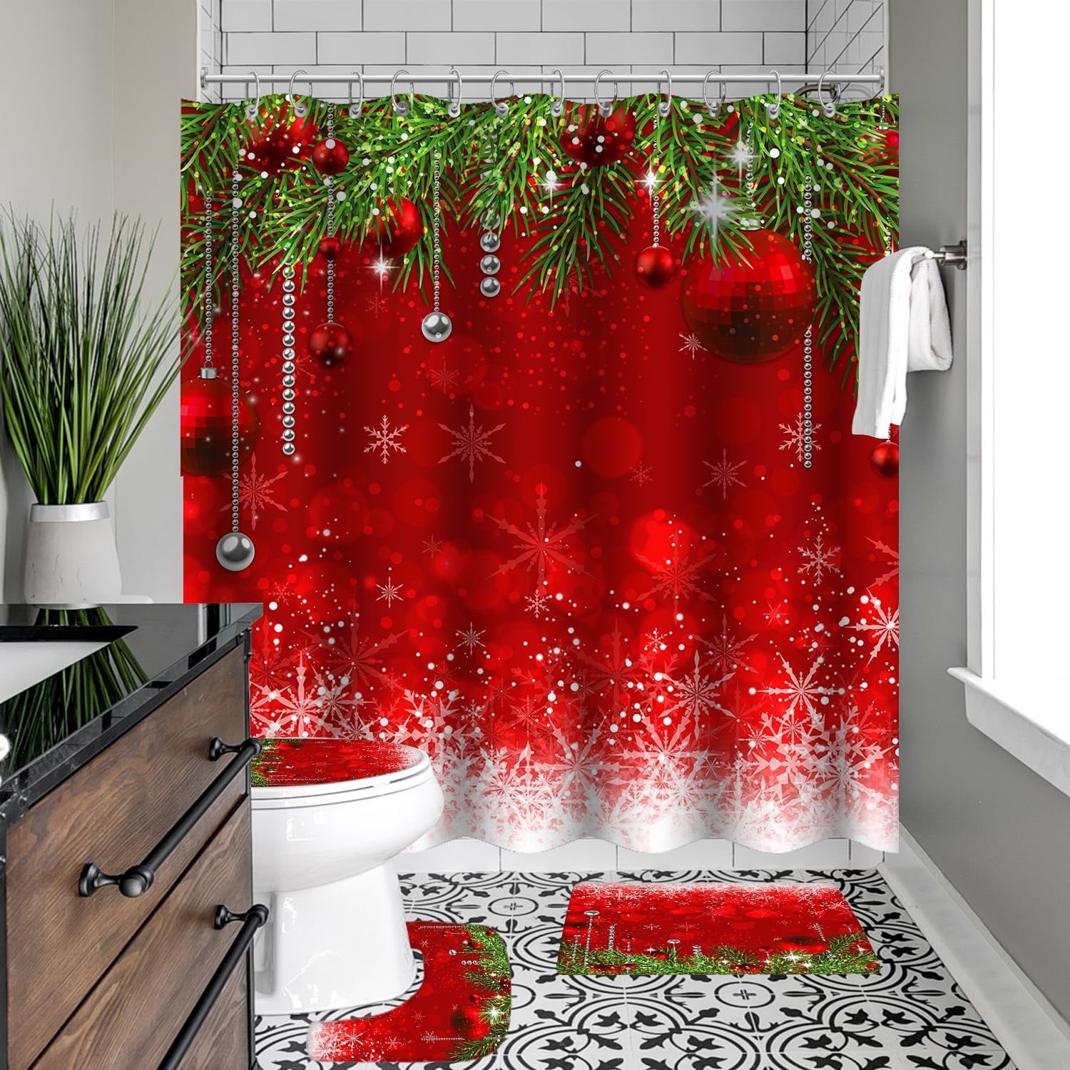 4 Pcs Winter Christmas Shower Curtain Sets with Rugs Snowy Natural