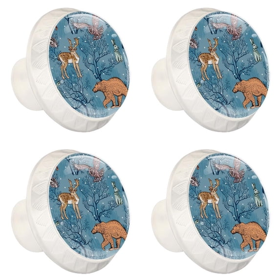 4 Pcs Winter Forest Animals Knobs for Kitchen Cabinet Cupboard Dresser Bookcase Drawer Pulls Handles Round Home Decor