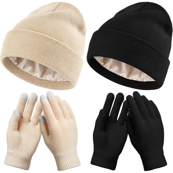 4 Pcs Winter Knit Beanie Hat and Touchscreen Gloves Set for Women Men Warm Acrylic Cap and Gloves Set