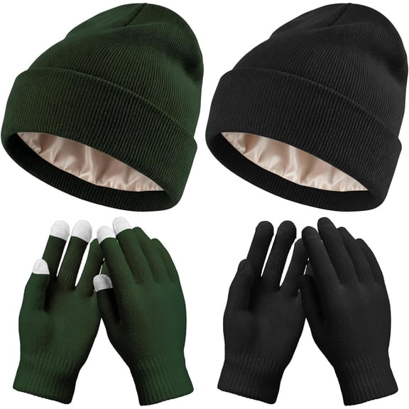 4 Pcs Winter Knit Beanie Hat and Touchscreen Gloves Set for Women Men Warm Acrylic Cap and Gloves Set