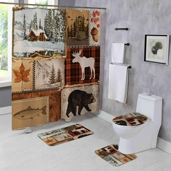 4 Pcs Winter Merry Christmas Shower Curtain Sets with Rugs Xmas Gnome Bathroom Set Home Bath Bathtub Decor Durable Curtains Mats for Bathroom 72 x 72 Inch